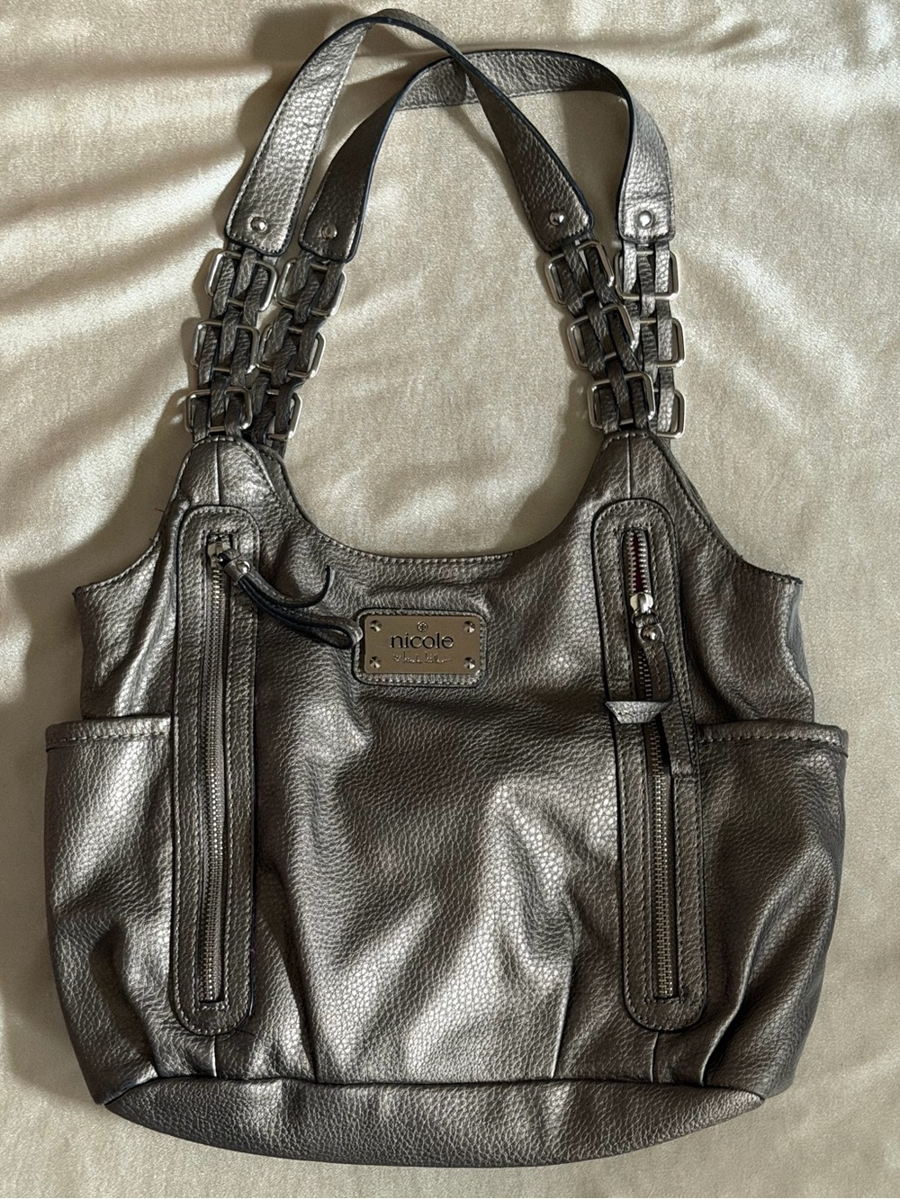 Nicole Miller Metallic Pewter Multi-Pocket Hobo Bag Shoulder Satchel Y2K